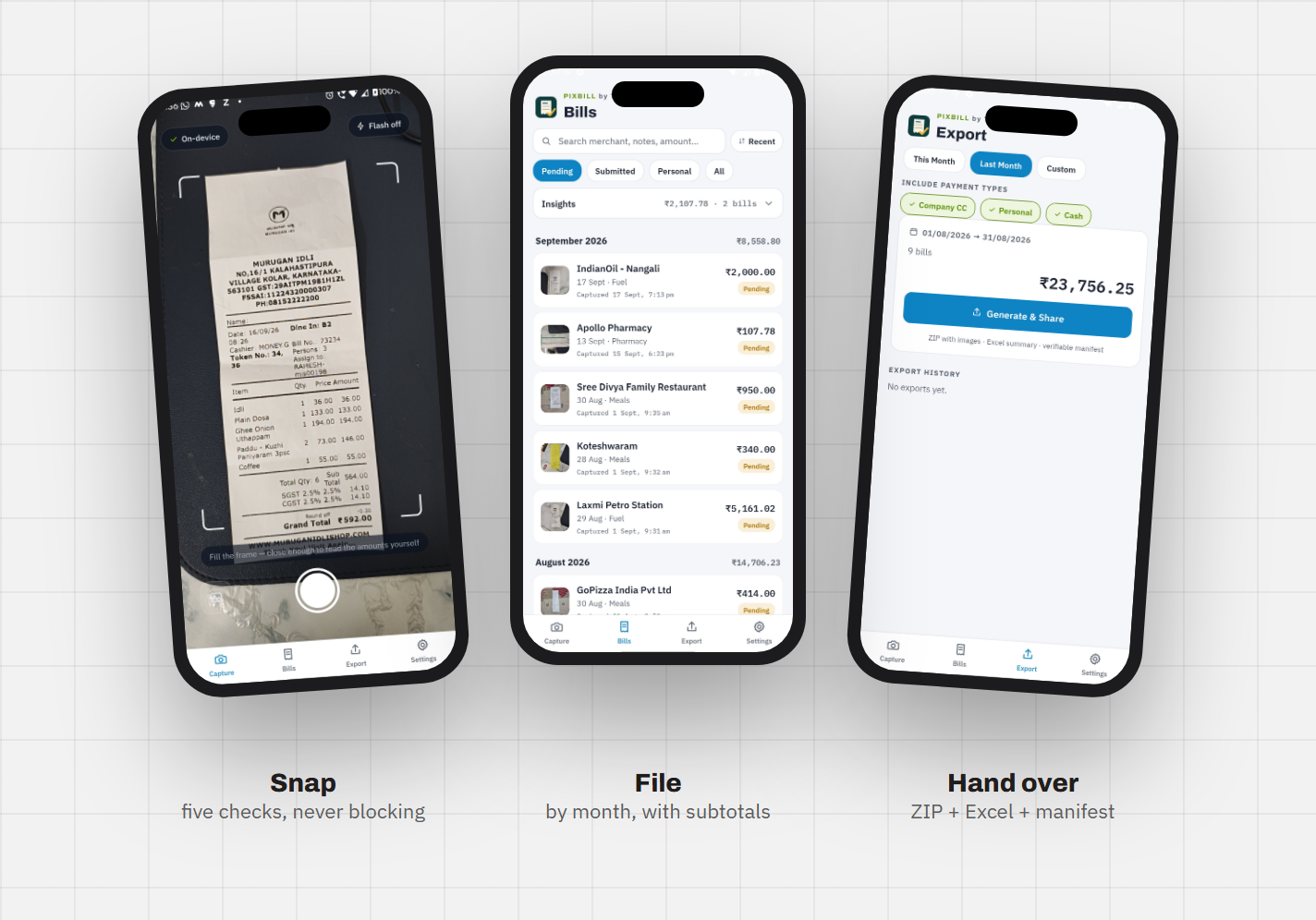 PixBill Review screen on a phone