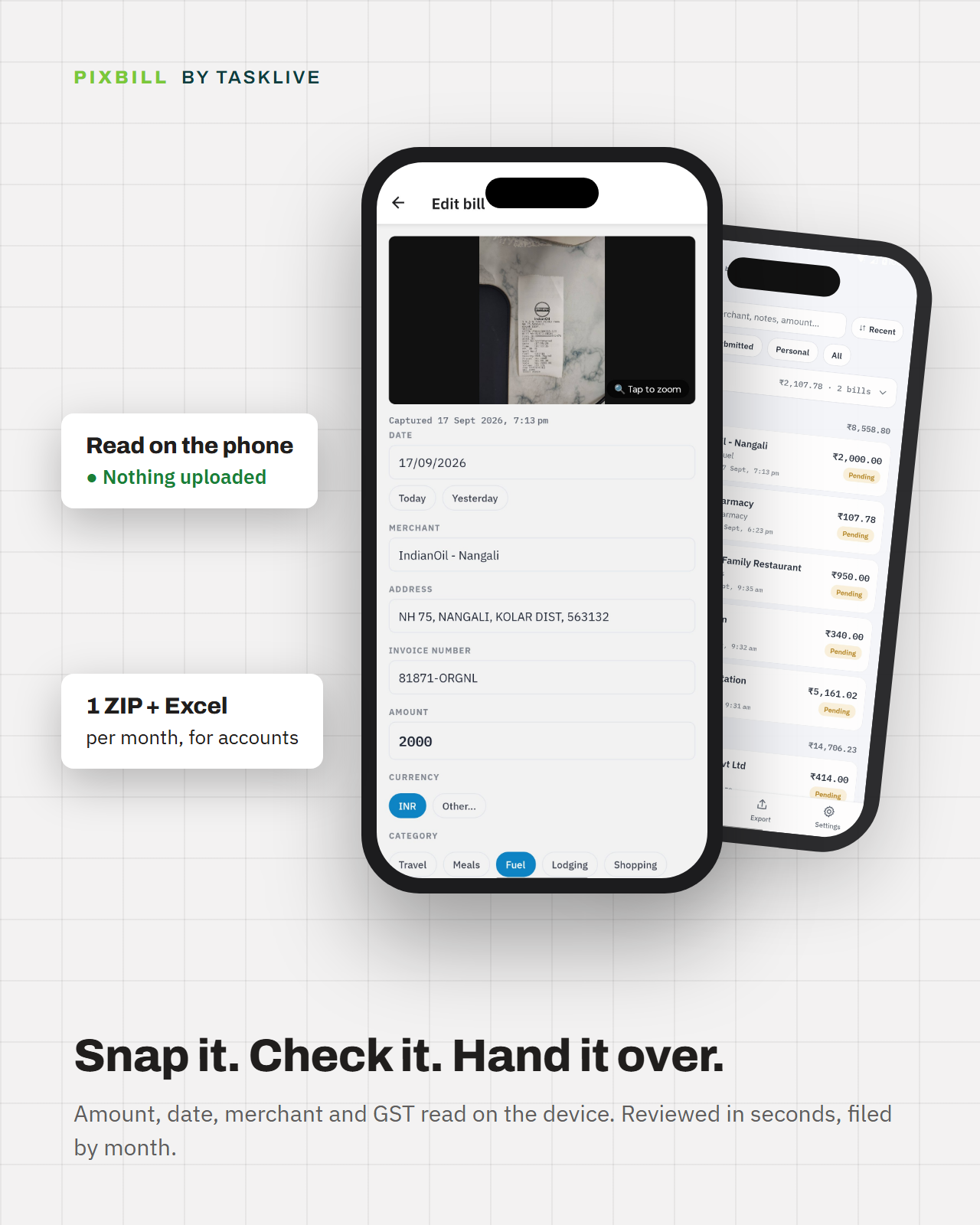 Phone mockup of the PixBill Review screen