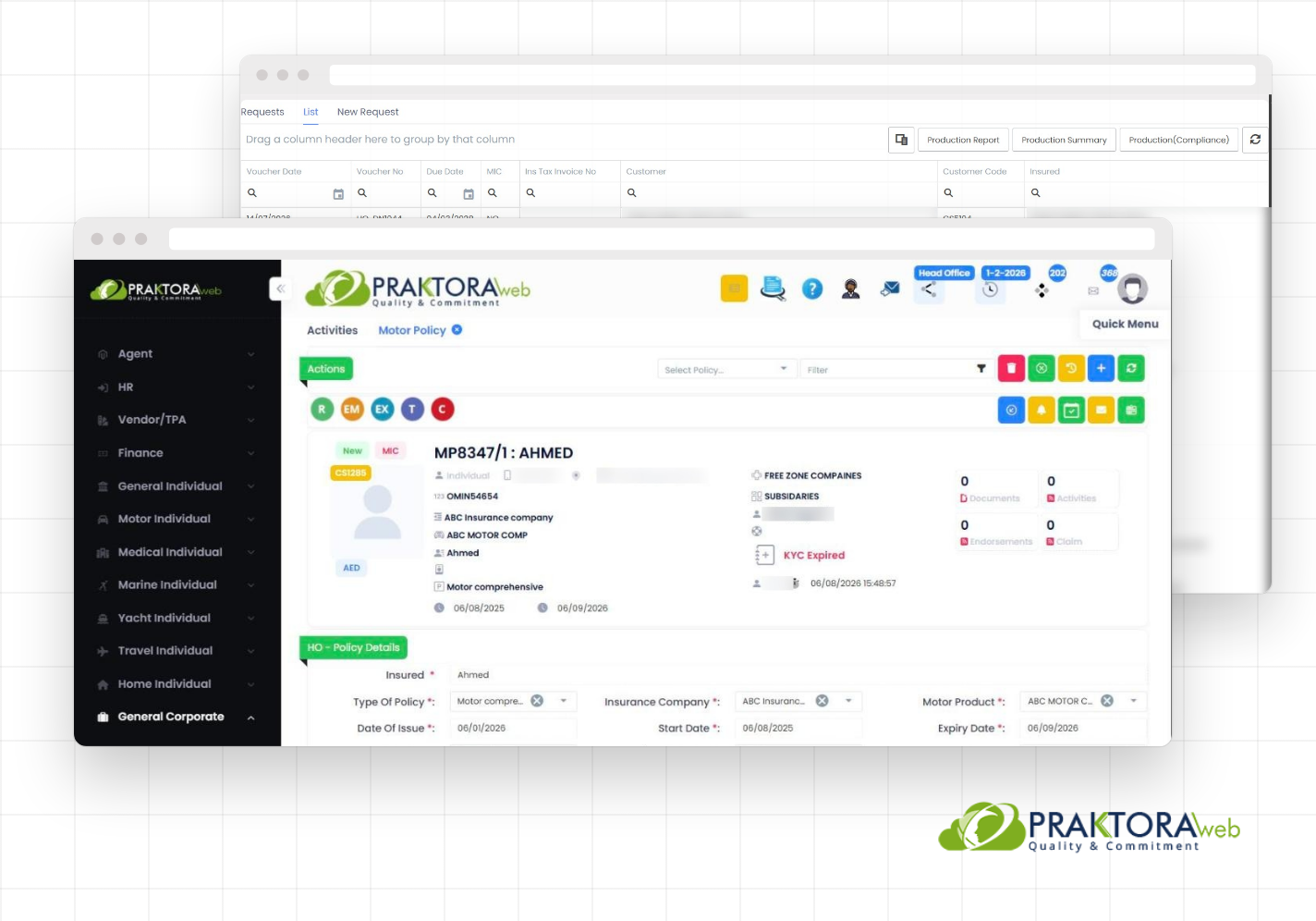 PraktoraWeb Motor Policy screen