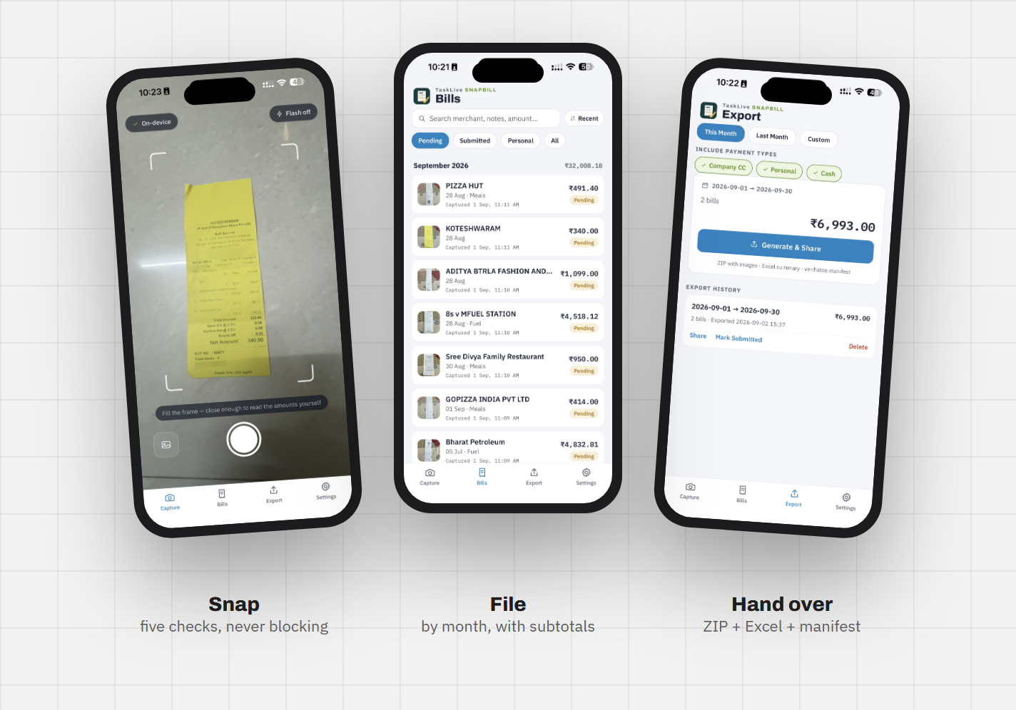 SnapBill Review screen on a phone