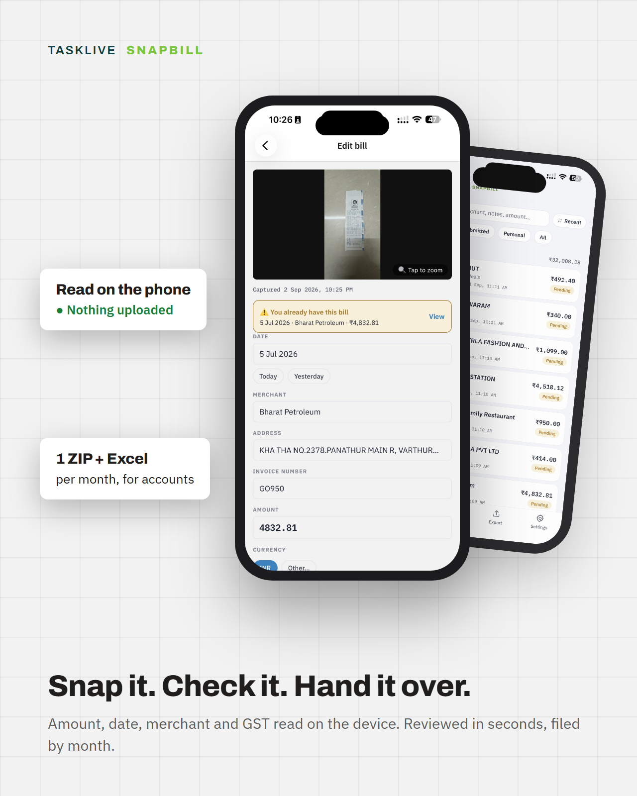 Phone mockup of the SnapBill Review screen