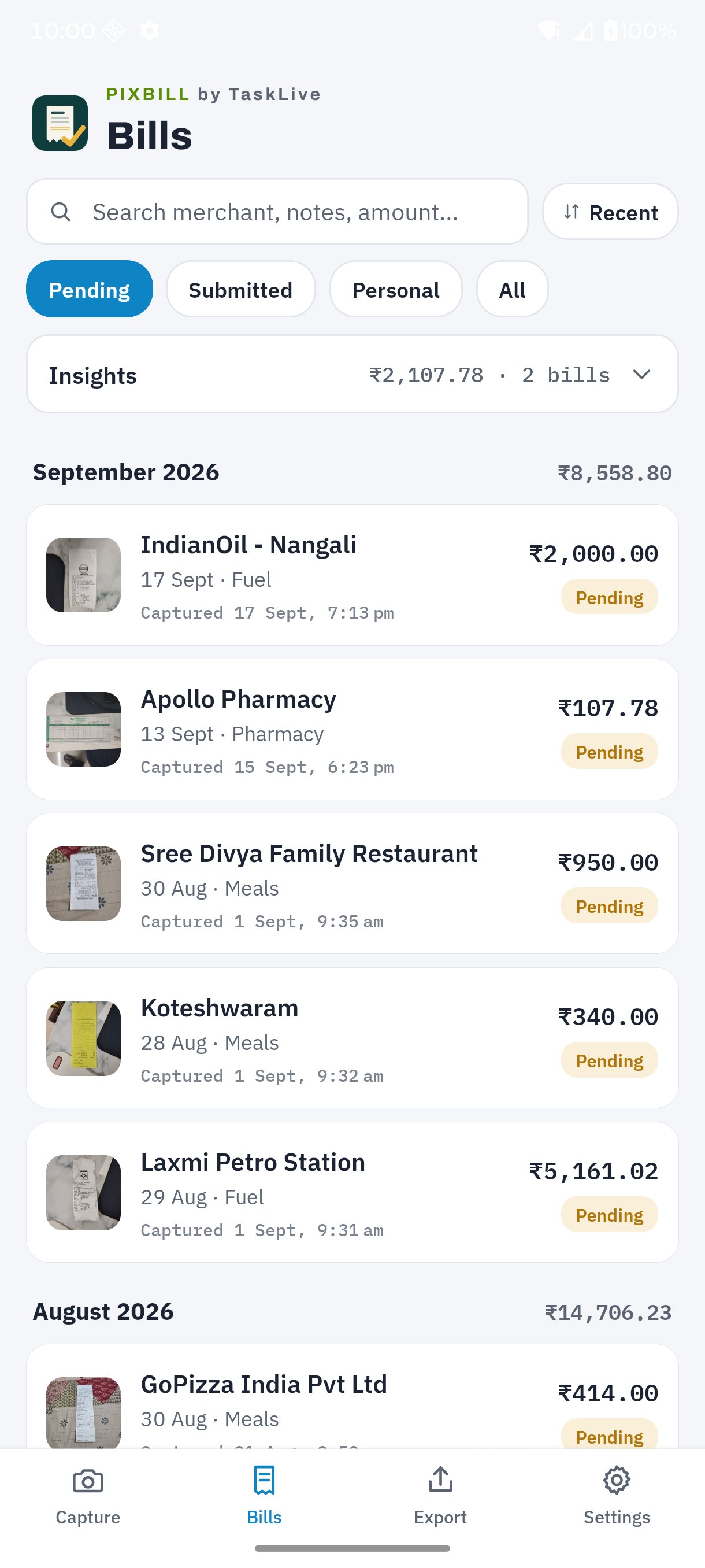 PixBill Bills list grouped by month