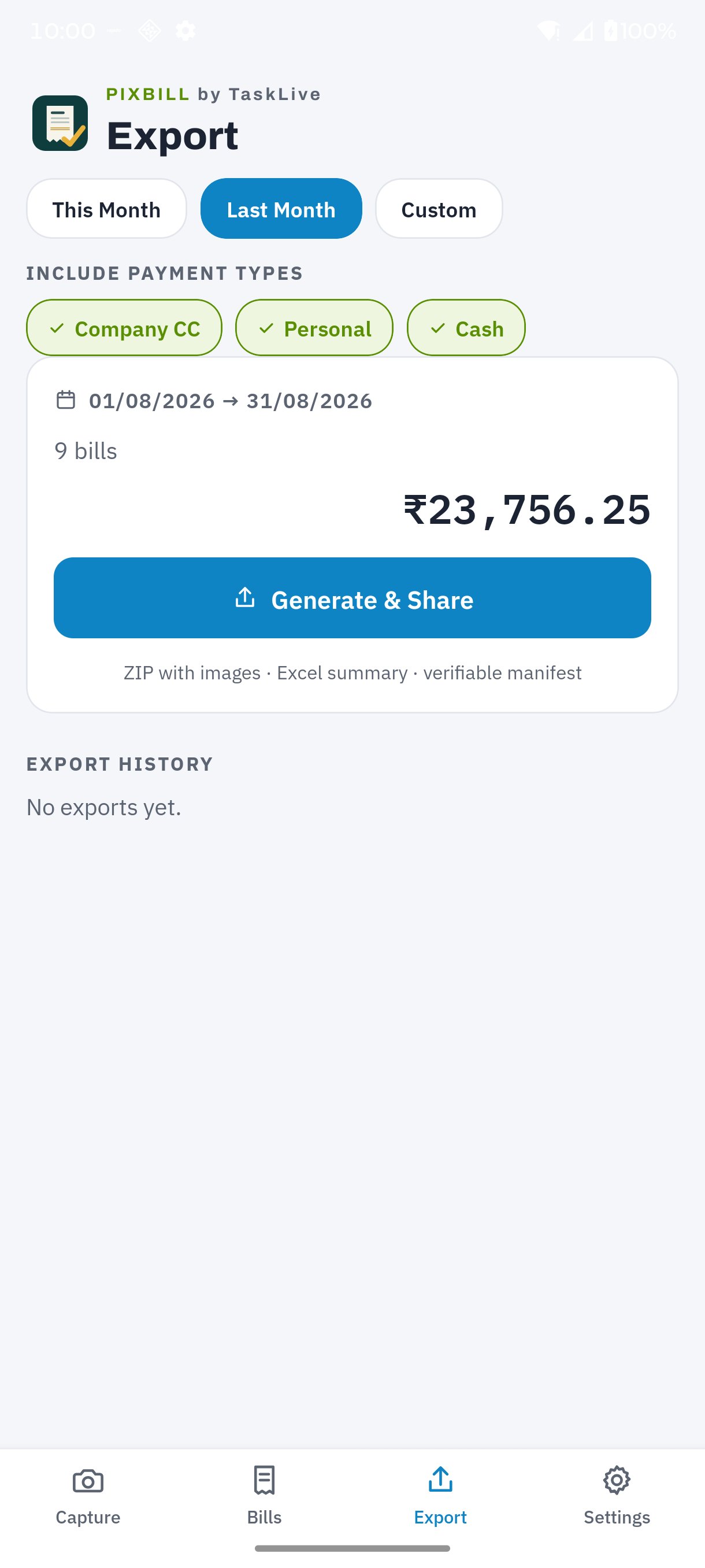 PixBill Export screen with the month's ZIP