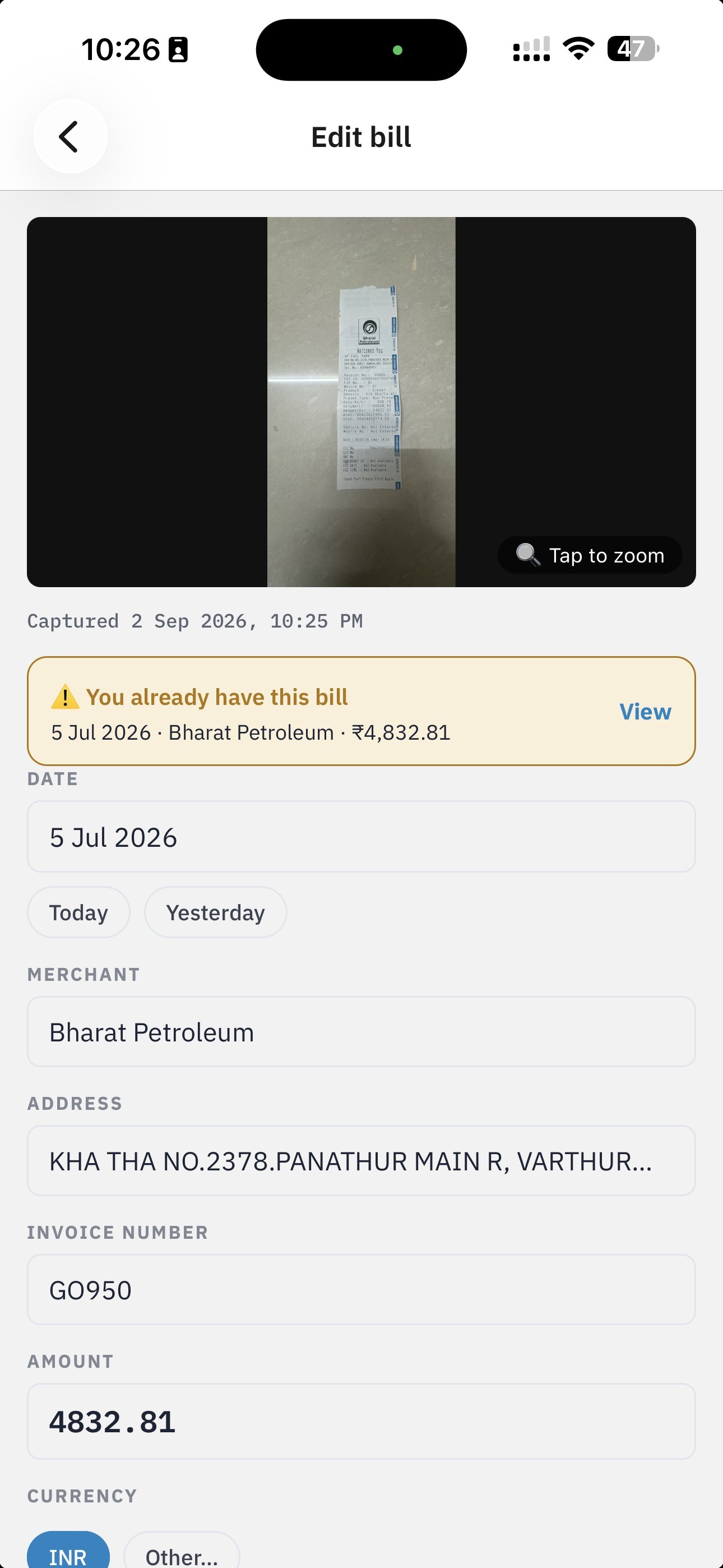 SnapBill Review screen with the fields read from the bill