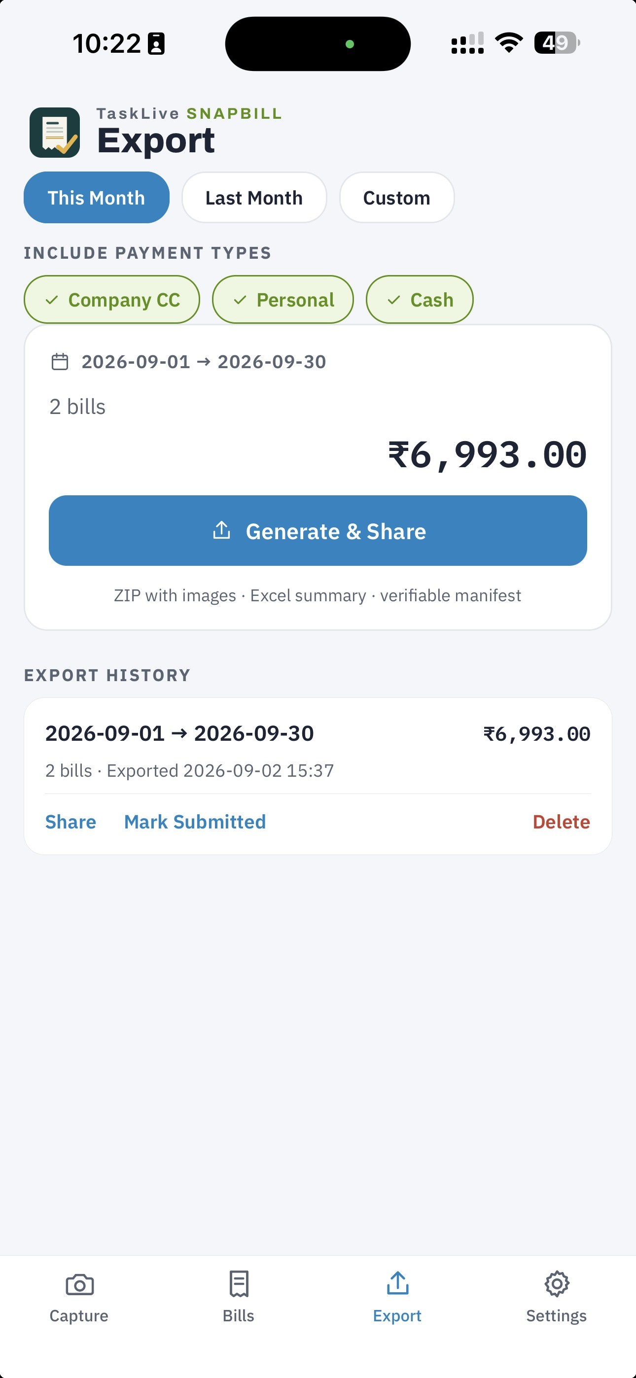 SnapBill Export screen with the month's ZIP